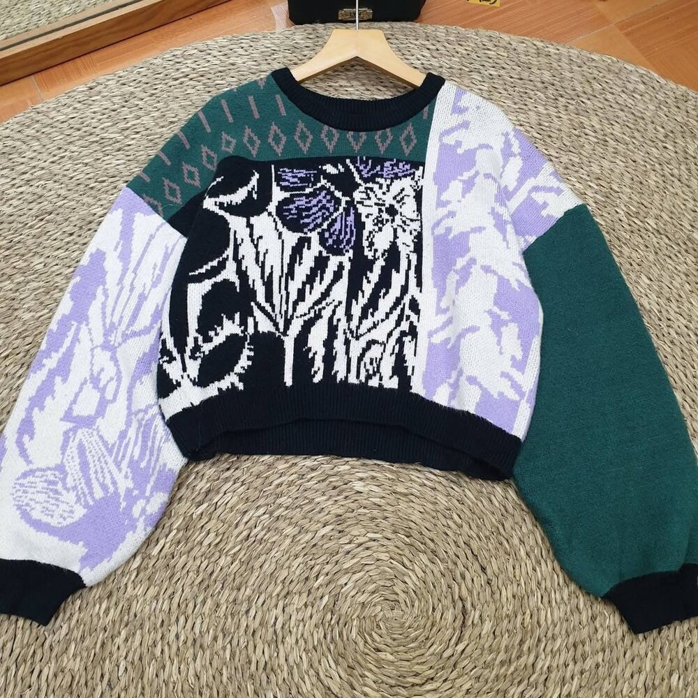 Floral Colorblock Knit Sweater Boho Vintage Pullover 🌿